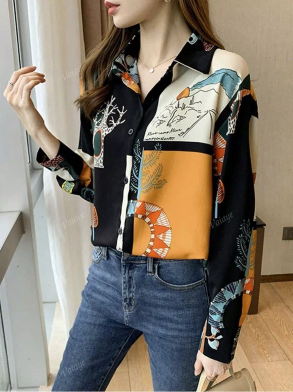 ZARA Independent Printed Collar Loose Casual Long Sleeve Shirt